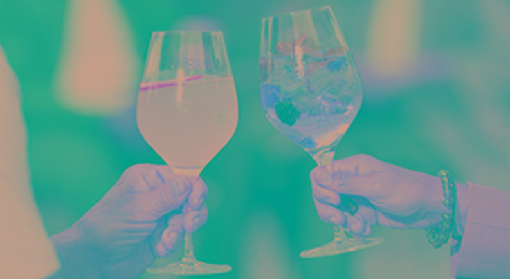 Zwei Personen stoßen mit elegant gefüllten Gläsern an. Das linke Glas enthält ein helles Getränk mit einer Zitronenscheibe, das rechte Glas ein rosa Getränk mit Beeren und Minze. Die Szene vermittelt Geselligkeit und Freude in einer stilvollen Umgebung. Im Hintergrund sind unscharf weitere Personen erkennbar.