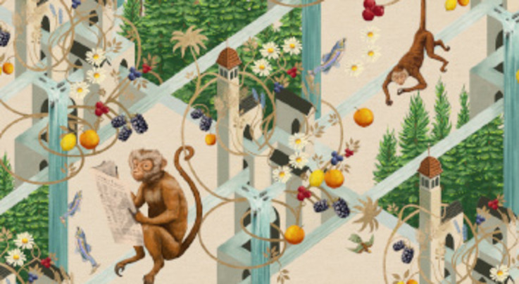 Das Bild zeigt eine fantasievolle Szene mit Affen, die zwischen einer architektonischen Struktur aus Säulen und Brücken spielen. Einer der Affen liest eine Zeitung, während ein anderer auf einer der Brücken läuft. Umgeben sind sie von Blumen, Früchten wie Orangen und Beeren sowie schwebenden bunten Fischen. Im Hintergrund ist grünes Blattwerk zu sehen.